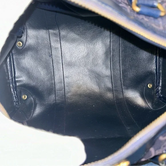 CELINE Authentic Vintage C Macadam Navy Blue Canvas Leather Trim Boston Bag Tote - Picture 12 of 17